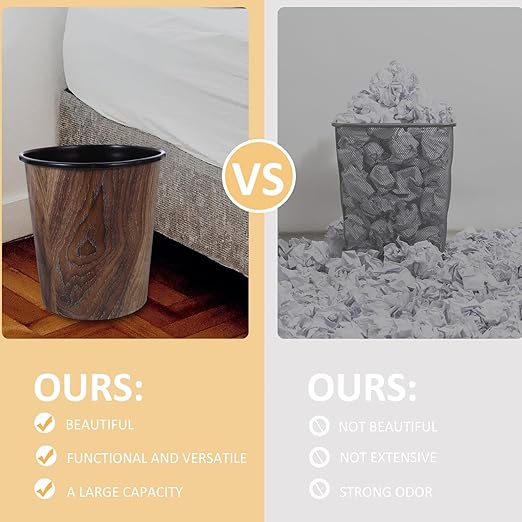 Cabilock Vintage Plastic Trash Can Wood Grain Waste Basket 7L Open Top Garbage Bucket Rubbish Bin Round Garbage Can Farmhouse Container for Kitchen Bathroom Office Under Desk