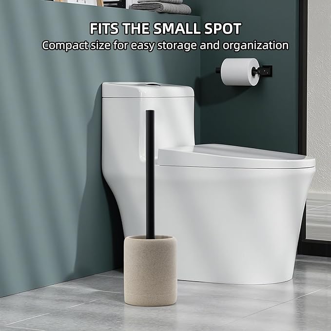 Toilet Brush and Holder Set 2 PCS Decorative Toilet Bowl Brush and Holder Set Bathroom Aceessories Toilet Scrubber Brush Set with Heavy-Weight Resin Base with Long Handle (Beige)