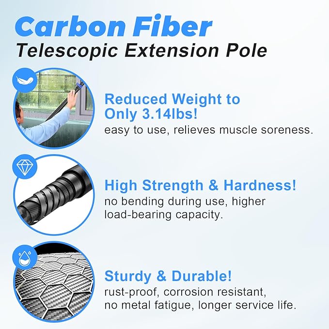 30 Foot High Ceiling Duster Kits with 4.7-24 FT Carbon Fiber Extension Pole Feather Duster Cobweb Duster Ceiling Fan Duster Window Squeegee &amp Cleaner with Pole 24 Ft