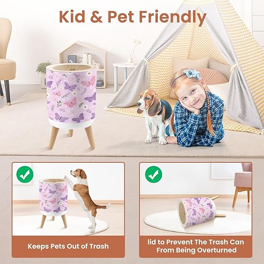 Bathroom Trash Can with Lid Pink Purple Butterfly Daisy Flower Spring Seamless Garbage Bin Waste Basket for Kitchen Office Bedroom Decoration Diaper Pail 1.8 Gallon