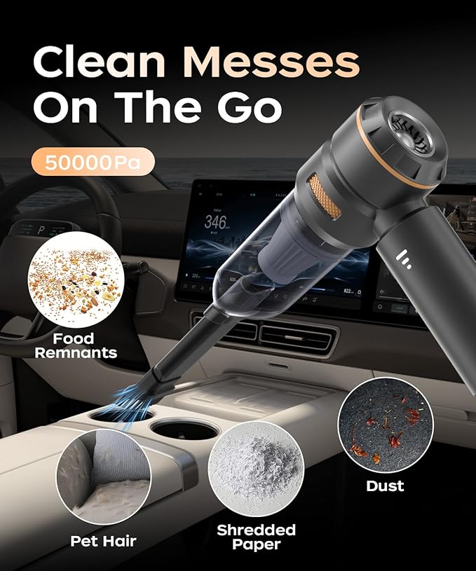 Car Vacuum3 Suction ModesPortable Mini Cordless Cleaner with 50000pa Suction PowerType-C ChargeHandheld Vacuum for HomeCarBirthday Gifts for Men Dad Husband (Black)