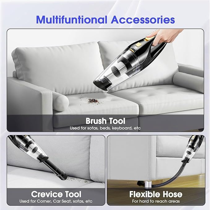 Car Vacuum Portable Cordless – 9000PA Strong Suction Lightweight &amp Rechargeable – Includes Multi-Nozzle Attachments for Car Home Office and Pet Hair – Compact &amp Powerful Black Gold Vacuum