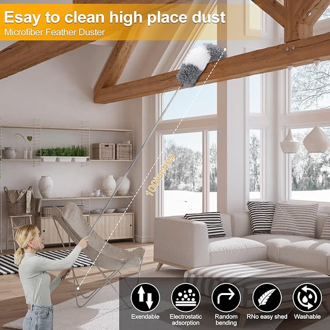 Microfiber Duster for Cleaning Fan High Ceiling Blinds Furniture Cars  9PCS Extendable Feather Duster (Stainless Steel) 30 to 100 Inches Reusable Bendable Washable