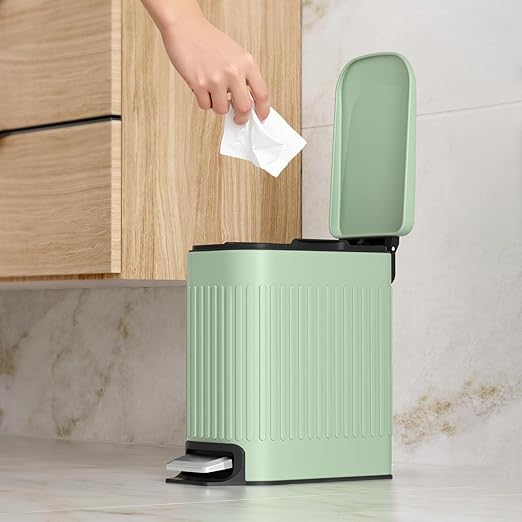 TrashAid Slim Bathroom Trash Can with Lid Soft Close 6 Liter/1.6 Gallon Stainless Steel Small Garbage Can with Removable Inner Bucket Step Pedal Slim Wastebasket for Toilet Office Bedroom Green