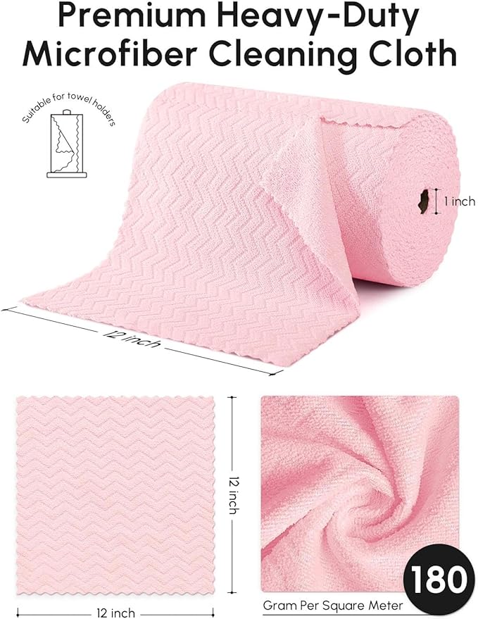 Microfiber Cleaning Cloths Roll 75 Pack Tear Away Microfiber Towels Roll 12 x 12 Lint Free Rags Reusable Cleaning Cloths Washable Scratch FreeUltra Absorbent Dish Rags(Pink Ripple)