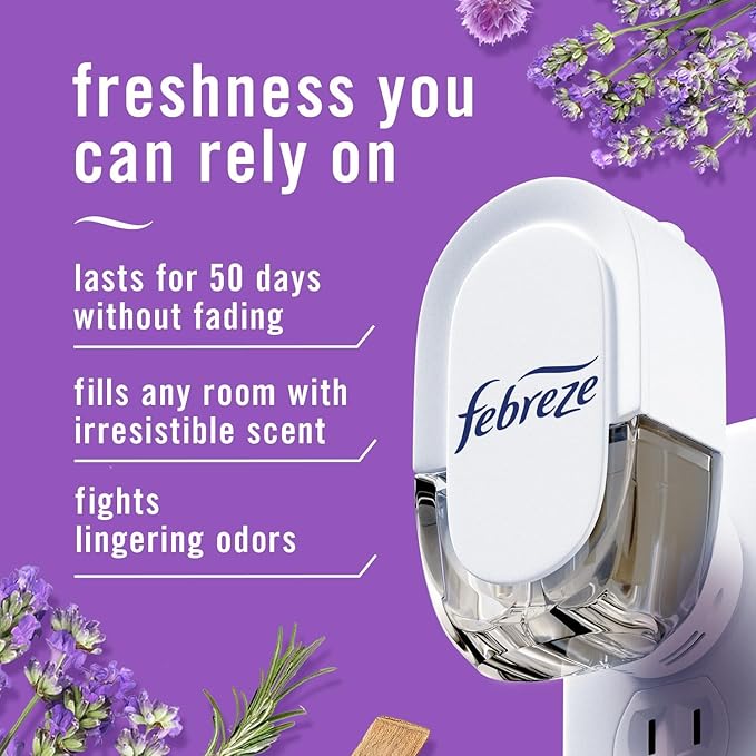 Febreze Odor-Fighting Air Freshener Room Fresheners Air Effects Air Freshener Refills Fade Defy Plug Technology - (1 Pack) contains (3) of 0.87 fl oz Refills (Mediterranean Lavender)