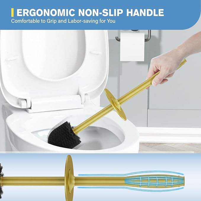UPTRONIC Toilet Brush Aluminum Alloy Toilet Brush and Holder Set with Long Handle Durable Bristles Toilet Bowl Brush and Covered Holder for Toilet Scrubber for Bathroom Cleaning (2 Gold)