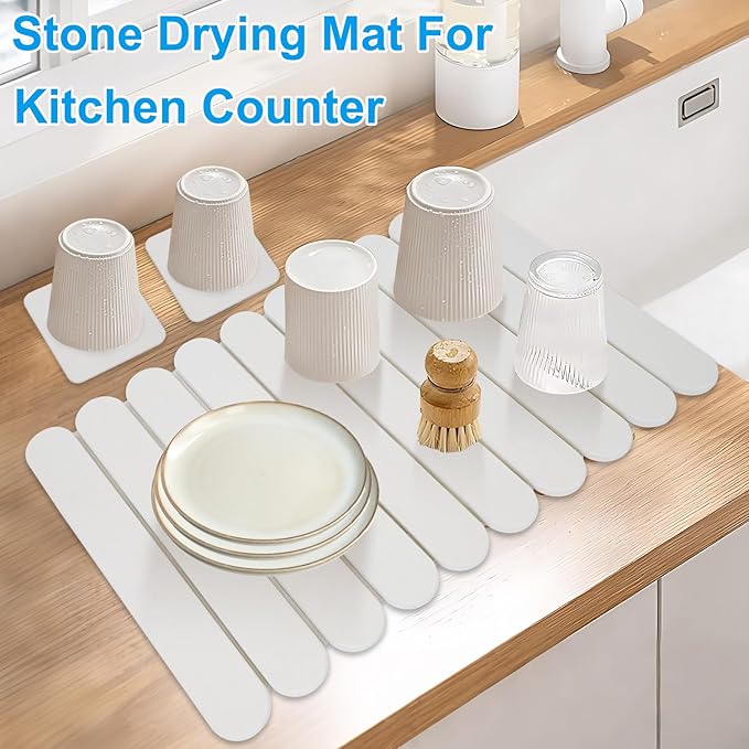 Foldable Stone Dish Drying Mat: Large 24x16 Absorbent Diatomaceous Earth Mat for Kitchen Counter | Quick Drying &amp Heat-Resistant for Dishes Bottles Cups with 2 Coasters
