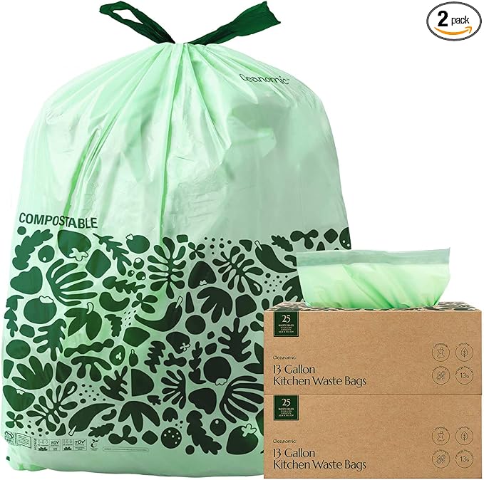 Cleanomic Compostable* 13 Gallon Trash Bags with Drawstring (2 Pack 50 Count) BPI Certified For Kitchen Compost