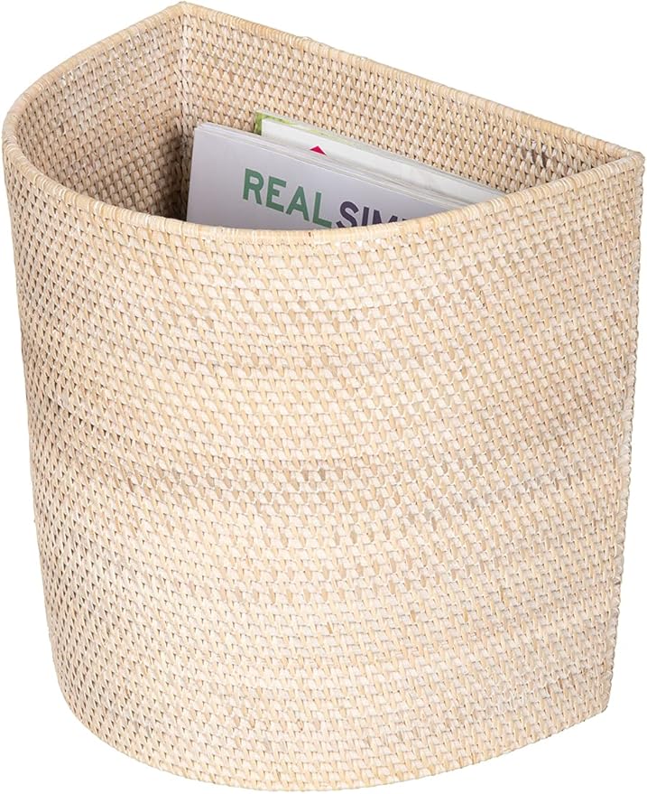 KOUBOO Laguna Half-Moon Rattan Waste Basket – Decorative Trash Can for Bathroom Bedroom Kitchen &amp Office – Boho Home Decor Small Wicker Basket for Trash Storage Off-White/Latte