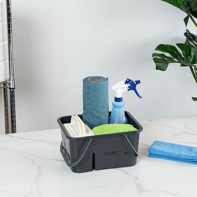 Restaurantware-Clean Tek Professional Cleaning Caddy 1 Cleaning Supply Caddy With Handle - 4 Compartment Multipurpose Gray Plastic All-Purpose For Bathroom Bedroom Kitchen Or Garden