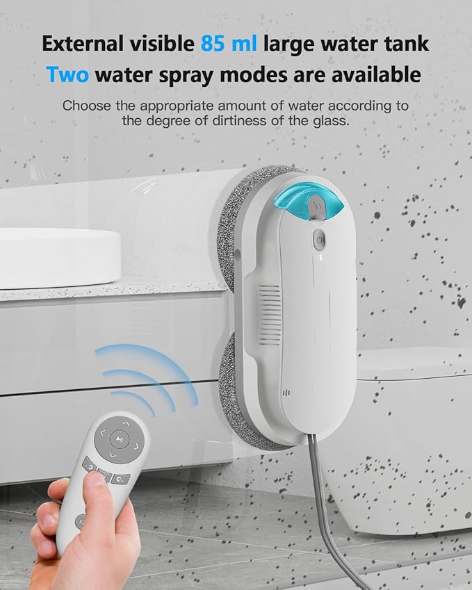 Window Cleaning Robot – 2400-3200Pa Suction Dual Ultrasonic Spray 85ml Tank Edge Detection Anti-Drop 3 Cleaning Modes for Streak-Free Glass