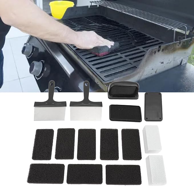 Griddle Cleaning Kit 15Pcs with Scraper and Anti - Hot Handle - Deep Oil Removal Multipurpose Grill Cleaner for Barbecue &amp Outdoor Cooking