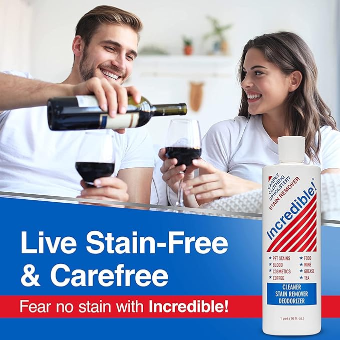 INCREDIBLE! Stain Remover - Instant Spot Remover For New and Old Stains - Blood Red Wine Coffee Urine Cosmetics Pet Stains and Odor Eliminator - Carpets Mattress Laundry 16.oz (2 Pack)