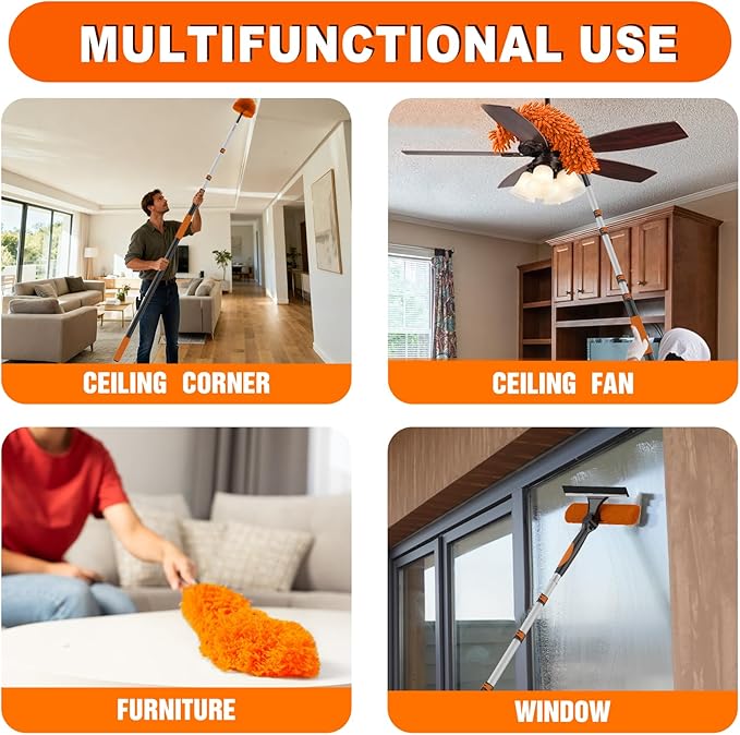 36FT Reach High Ceiling Duster Kit Window Cleaning kit with 7-30FT Extension Pole Fan Duster for Ceiling Fan Blades Microfiber Feather Duster Rotatable Window Squeegee and Cobweb Duster