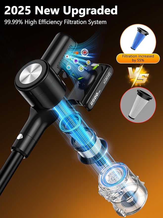 Cordless Vacuum Cleaner 46Kpa/55 Mins Vacuum Cleaners for Home Self-Standing Stick Vacuum with Rechargeable DockLED Display &amp Anti-TangleLightweight Vacuum for CarpetFloor (Pure Black)