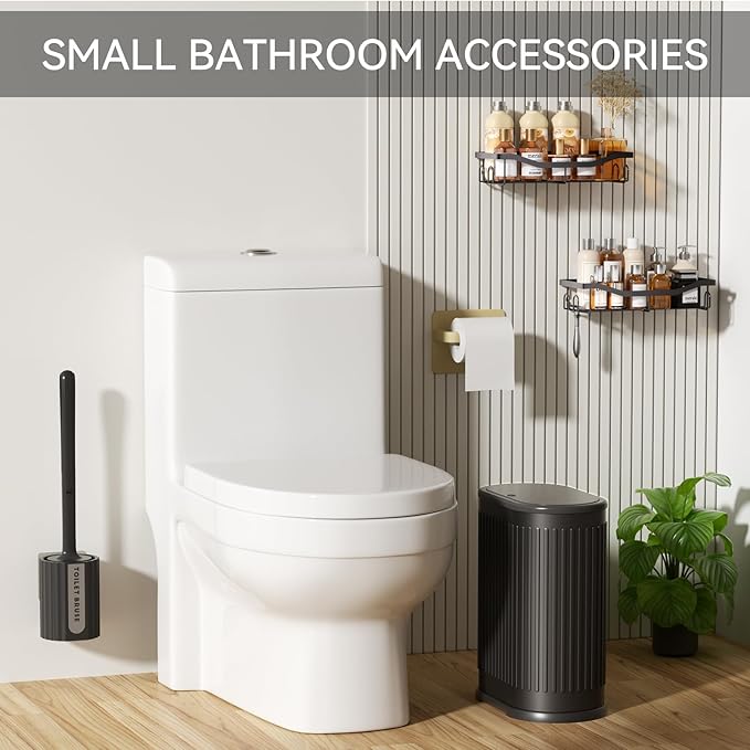 Small Bathroom Trash Can with Toilet Brush 1.6 Gallon Black Stainless Steel Garbage Can with LidSlim Wastebasket with Shower Caddy for Bathroom Bedroom