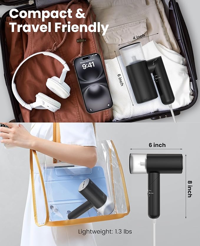 Handheld Steamer for Clothes 1200W Foldable Travel Steamer 20 Sec Preheat Garments Wrinkle Remover 120V Portable Hand Iron with 150ml Water Tank Clothes Steamer for Home Travel-Black