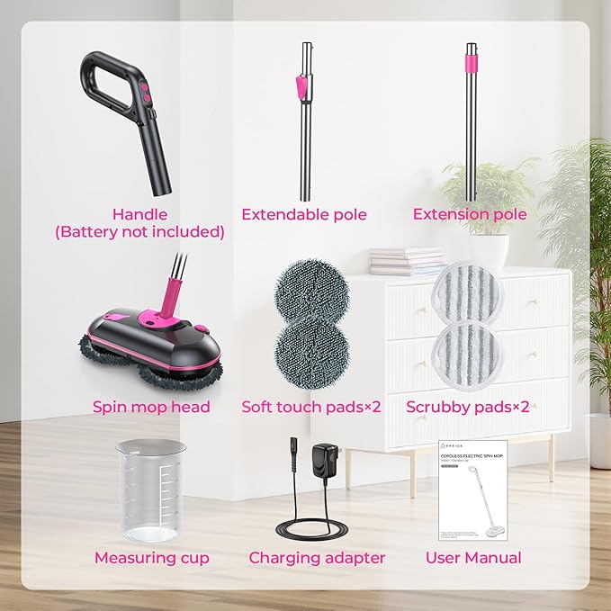 ScrubWiz Cordless Electric Spin Mop with Water Sprayer 300ml Tank Self-Propelled Floor Cleaner for Hardwood &amp Tile Quiet Cleaning Adjustable Handle 2500mAh Long-Lasting Battery Pink
