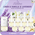 Plug In Air Freshener Starter Kit 12 Refills + 1 Warmer Lavender Vanilla &amp Fresh Linen Scents for Home Bathroom &amp Office Compatible with Air Wick &amp Glade Not Include Glade Plus
