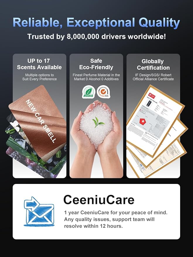 Ceeniu Smart Car Air Fresheners New Smell Experience By Ultrasonic mist Auto On/Off Natural Fragrance Lasts for 4 Months Adjustable Built-in Battery Car freshener