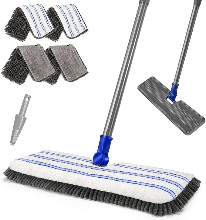 MASTERTOP Microfiber Dust MopDouble-Sided Flat Mops for Hardwood Floors with 4 Reusable Mop Pads Floor Mops with Stainless Steel Handle and Extension Cleaner for Hardwood Vinyl Laminate Tile