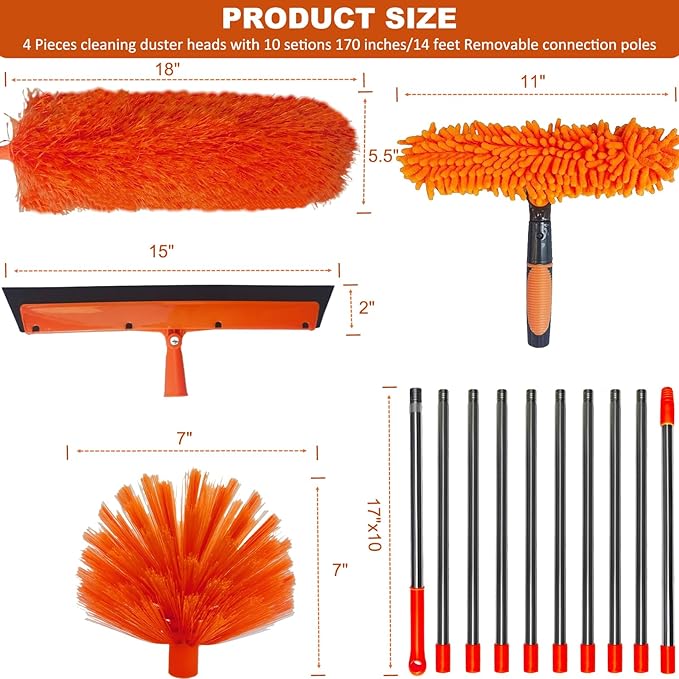 20+ Feet High Reach Duster Kit with 3-14 ft Extension Pole High Ceiling Dusting and Window Cleaning Kit with Spliceable Pole - Window Washer &amp Squeegee Cobweb Duster Fan Blade and Feather Duster