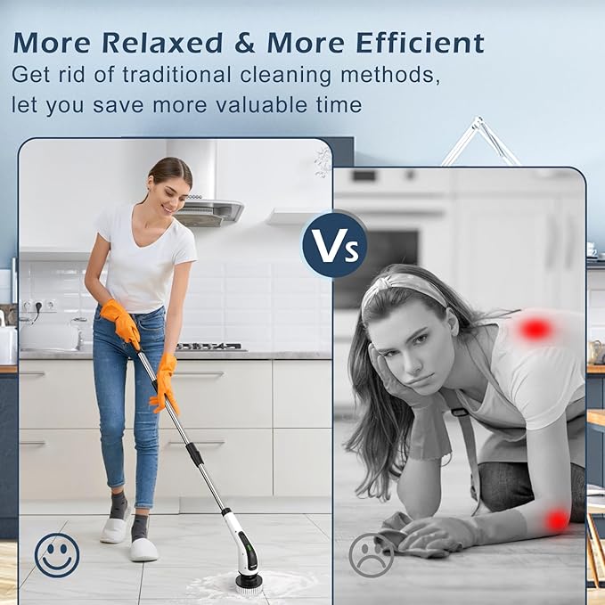 Electric Spin Scrubber Cordless Cleaning Brush Scrubber for Home 8 Replaceable Brush Heads-90Mins Work Time 3 Adjustable Size 2 Speeds for Bathroom Shower Bathtub Glass Car