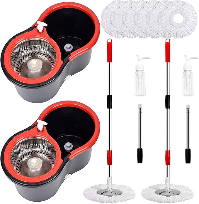 Mop and Bucket Set 360° Spin Mop and Bucket with Wringer Set and 6 Microfiber Mop Refills Stainless Steel 61 Extended Handle Spinning Mop Bucket System for Floor Cleaning (2 Sets)