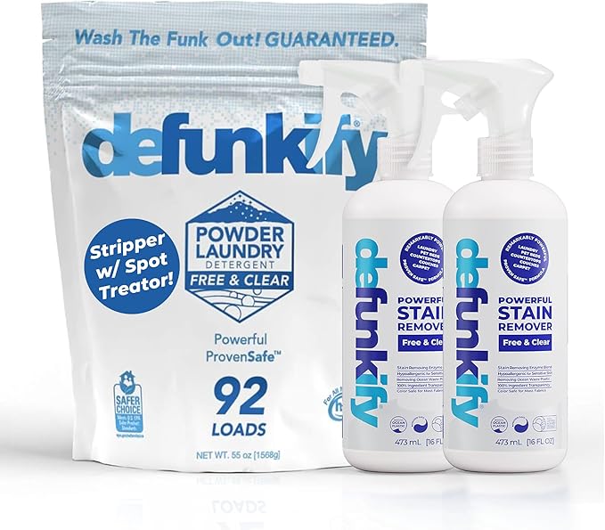 Get Stainy Bundle- 2 'Free &amp Clear' Laundry Detergents &amp 2Pk Stain Remover Spray. Washing Detergent Soap &amp Spot Treater Prewash for Activewear Carpet Gear. Kid Pet &amp Sensitive Skin