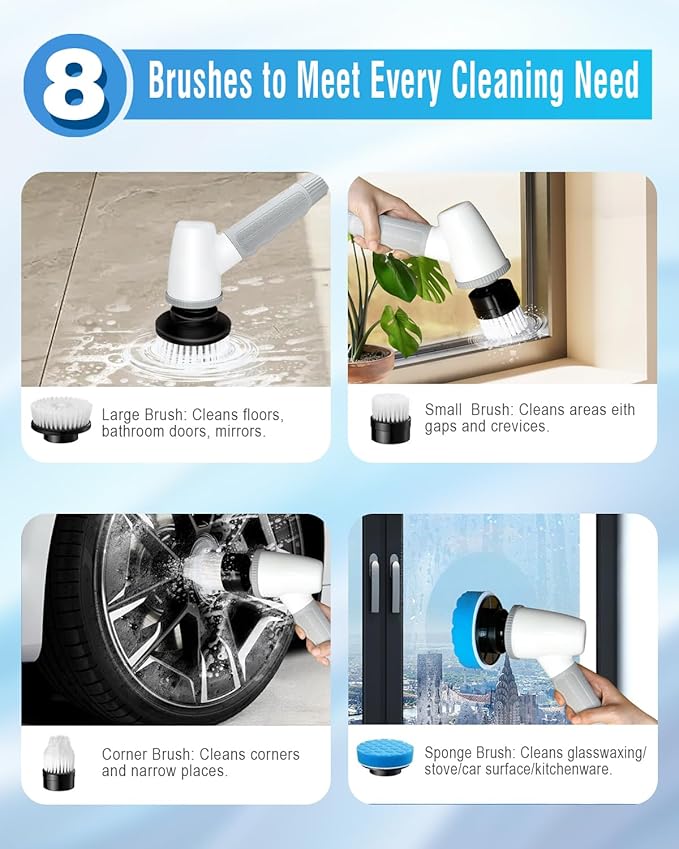 Electric Spin Scrubber Bathroom Scrubber - Cordless Shower Scrubber with Adjustable Handle 2 Speeds Bathroom Scrubber with 8 Replaceable Brush Heads Power Scrubber for Bathroom Bathtub Cleaning