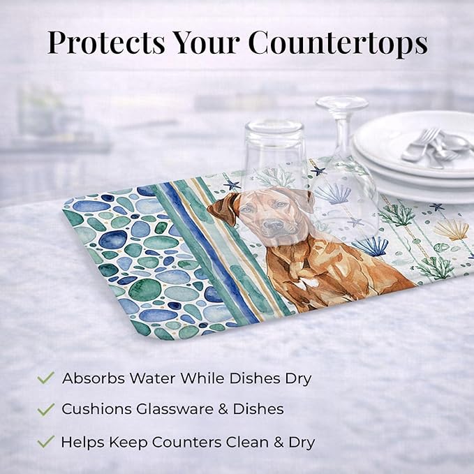 Caroline's Treasures Rhodesian Ridgeback Coastal Sea Glass Dish Drying Mat Absorbent Dish Drying Mat Pad for Kitchen Counter Dish Drainer Mat for Countertop 14 x 21 Multicolor