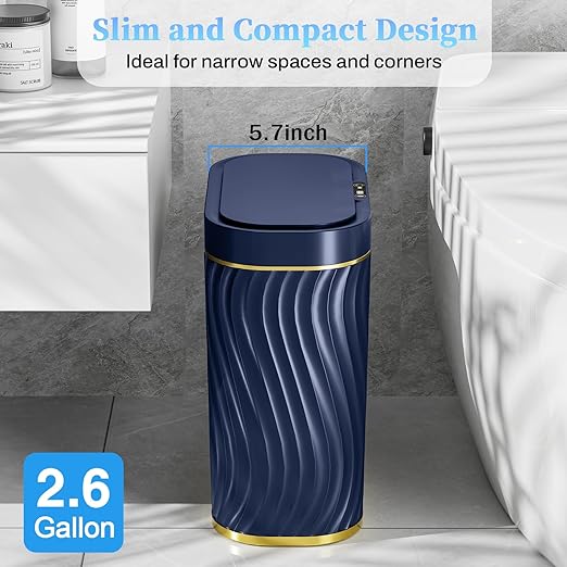 steo spce Bathroom Small Trash Can with Automatic Touchless Lid 2.6 Gallon Smart Garbage Can Narrow Waterproof Trash Bin for Bedroom Office Living Room (Dark Blue)