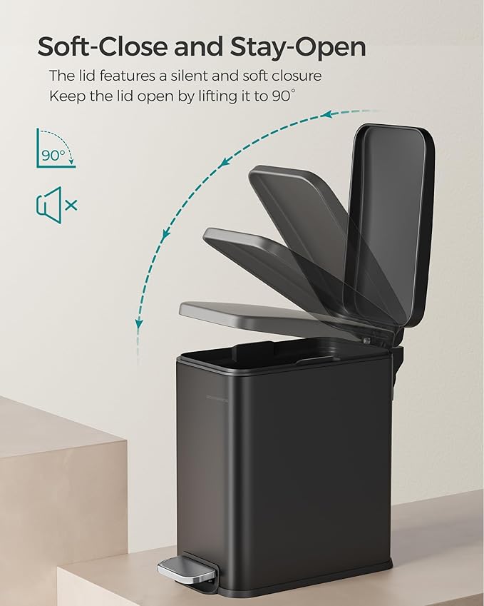SONGMICS Bathroom Trash Can 1.3 Gallon (5 L) Small Trash Bin with Lid Slim for Small Spaces Stainless Steel Garbage Can Soft Close Black ULTB560B05