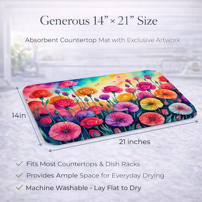 Caroline's Treasures DAC1420DDM Carnations in Color Dish Drying Mat Absorbent Dish Drying Mat Pad for Kitchen Counter Dish Drainer Mat for Countertop 14 x 21 Multicolor