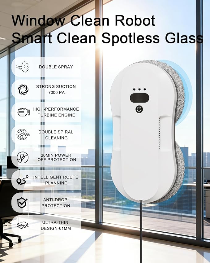 Window Cleaning Robot Automatic Window Cleaner Robot with Dual Spray-50ml Tank Edge Detection Intelligent Path Planning 3000pa Strong Suction Anti-Drop Protection