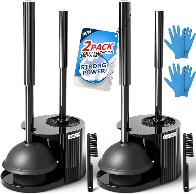 2Pack 2 in 1 Toilet Brush and Plunger Set Extended Handle PlungerToilet Bowl Brush Plunger SetClean GlovesCleaning ToolsCleaning BrushCleaning SuppliesToilet Brush Plunger ComboBlack