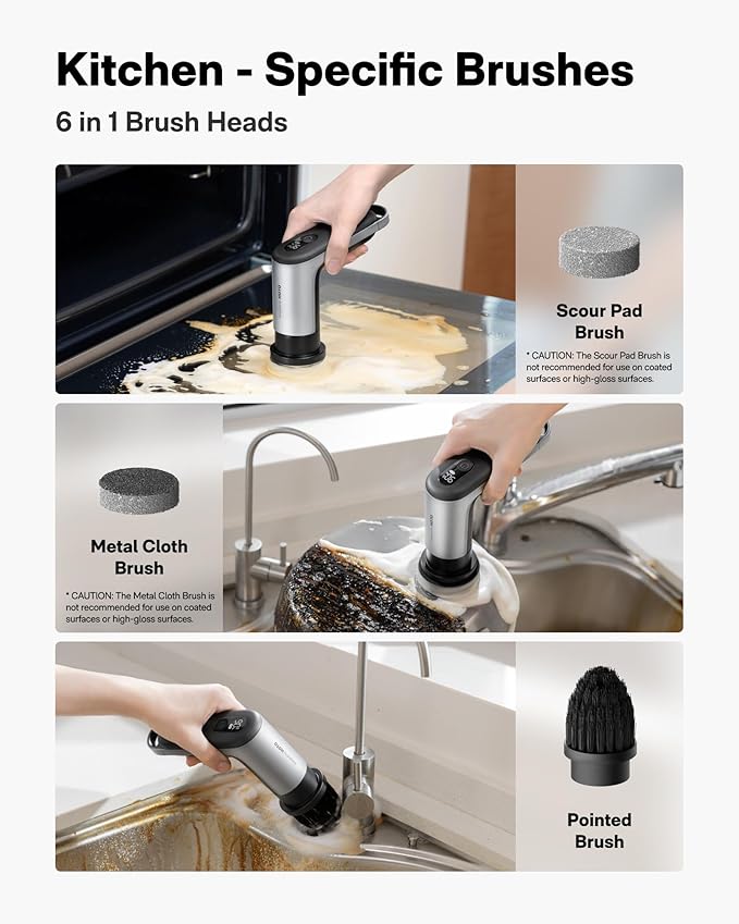 HOTO Grip™ Cordless Electric Spin Scrubber IPX7 Waterproof Lightweight at 0.65 lb with 6 Brush Heads Powerful Cleaning Scrubber for Bathroom Kitchen Tile Shower
