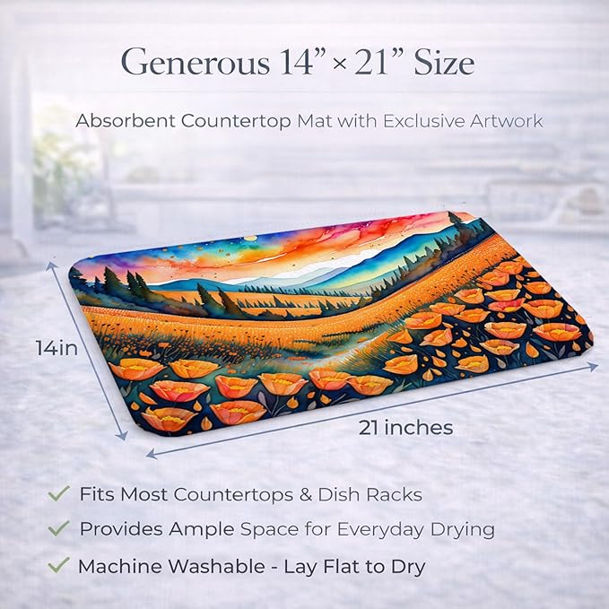 Caroline's Treasures DAC1418DDM California Poppies in Color Dish Drying Mat Absorbent Dish Drying Mat Pad for Kitchen Counter Dish Drainer Mat for Countertop 14 x 21 Multicolor