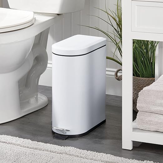 mDesign 10 Liter/2.6 Gallon Stainless Steel Metal Step Trash Can Garbage Bin for Bathroom Bedroom Home Office - D-Shape Trashcan with Foot Pedal/Lid Removable Liner Bucket with Handles White
