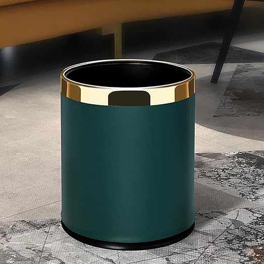 Elegant Leather Trash Can Decorative Metal Wastebasket with Removable Stainless Steel Ring - Open Top Garbage Bin for Office Bedroom Hotel (Morandi Green 10L)