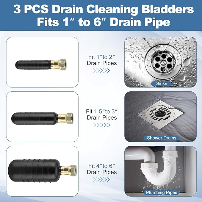 3 PCS Drain Bladder Kit Drain Cleaning Bladder Unclogger Fits 1 to 6 Drain Pipes for Unclogs Stubborn Blockages in Kitchen Sinks and Main Drains for Shower Swimming Pool With Water Power