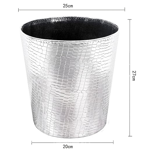 Leather Trash Can Decorative Waste Basket 10L Capacity Small Waste Paper Basket Waterproof Garbage Can for Bathroom Bedroom Office Kitchen and Living Room - Silver