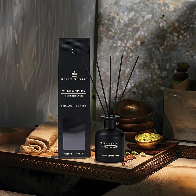 Matin Martin Wild and Spicy Reed Diffuser 5 oz - Luxury Aromatherapy with Cardamom &amp Amber - Home Decor Gift for Bedroom Office Living Room Bathroom - Long-Lasting Scent - Premium Fragrance Sti