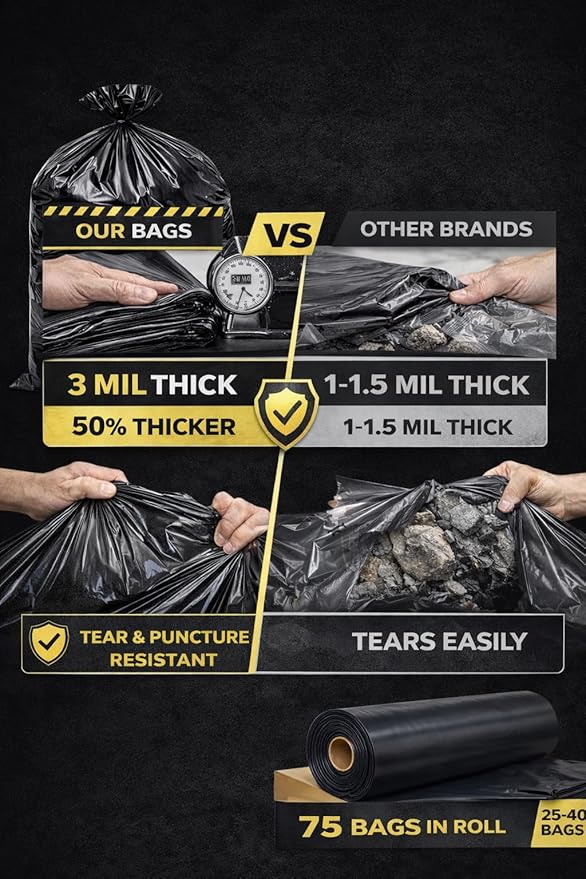 Black Construction Trash Bags – 18 x 16 x 45 in 3 Mil Heavy Duty Contractor Garbage Bags Tear &amp Puncture Resistant 75 Count for Construction Remodeling &amp Commercial Use