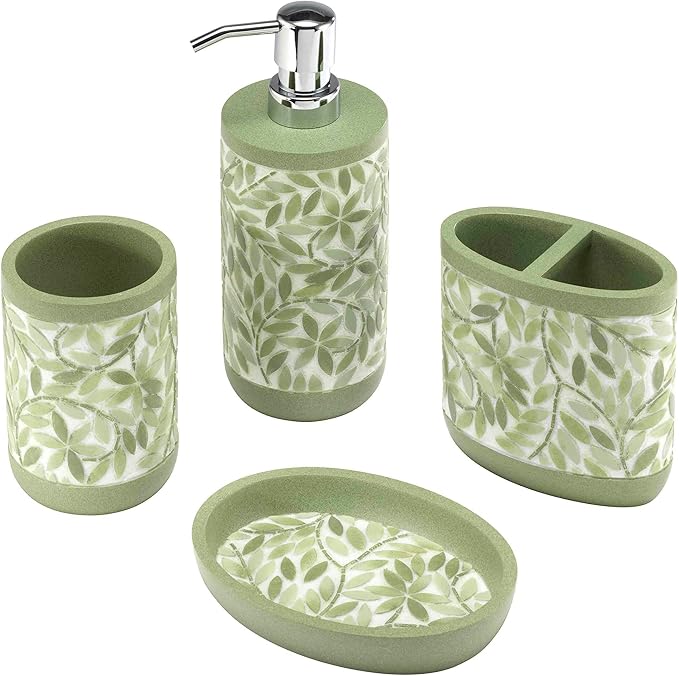 Avanti Linens - Bath Set 4pc Countertop Accessories Resin Tumbler Toothbrush Holder Soap Dish Lotion Pump (Stratford Collection Green)