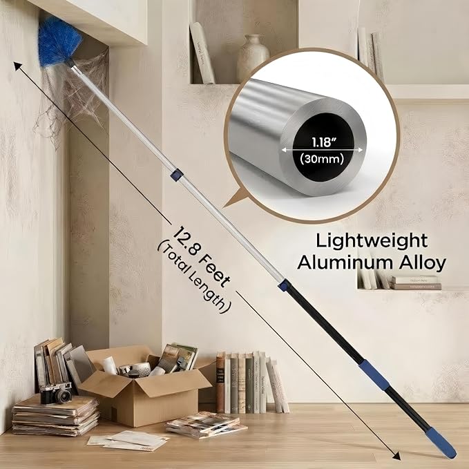 20ft High Ceiling Duster Kits with 5-12ft Heavy Duty Extension Pole - Fan Blade Cleaner Cobweb Remover &amp Blue Window Squeegee Kit Washable Dust Brush for High Roof and Glass Surfaces