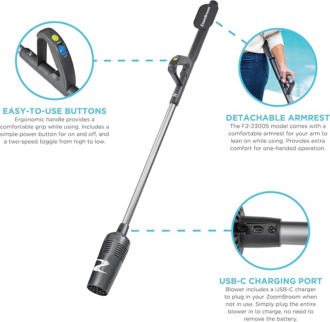 Lightweight Air Broom with Ergonomic Handle – Powerful Controlled Airflow for Easy Debris Removal at Home Patios Pickleball Courts RVs and All Outdoor and Indoor Activities