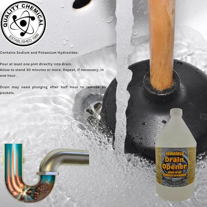 Quality Chemical Fumeless Drain Opener - Fast Acting Clog Remover and Declogger - Professional Strength - for Bathtub Kitchen Sink Drano Hair Clog Remover - Drain Cleaner 128 oz (Pack of 1)