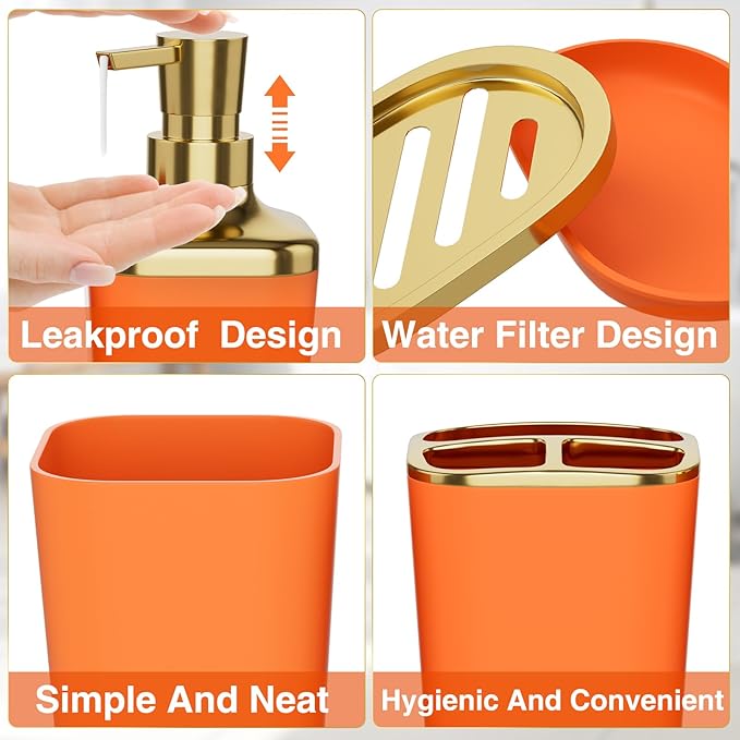 Bathroom Accessories 8 Piece Orange and Gold Bathroom Set Bath Accessories with Stainless Steel Trash CanToilet BrushToothbrush SetSoap Dispenser